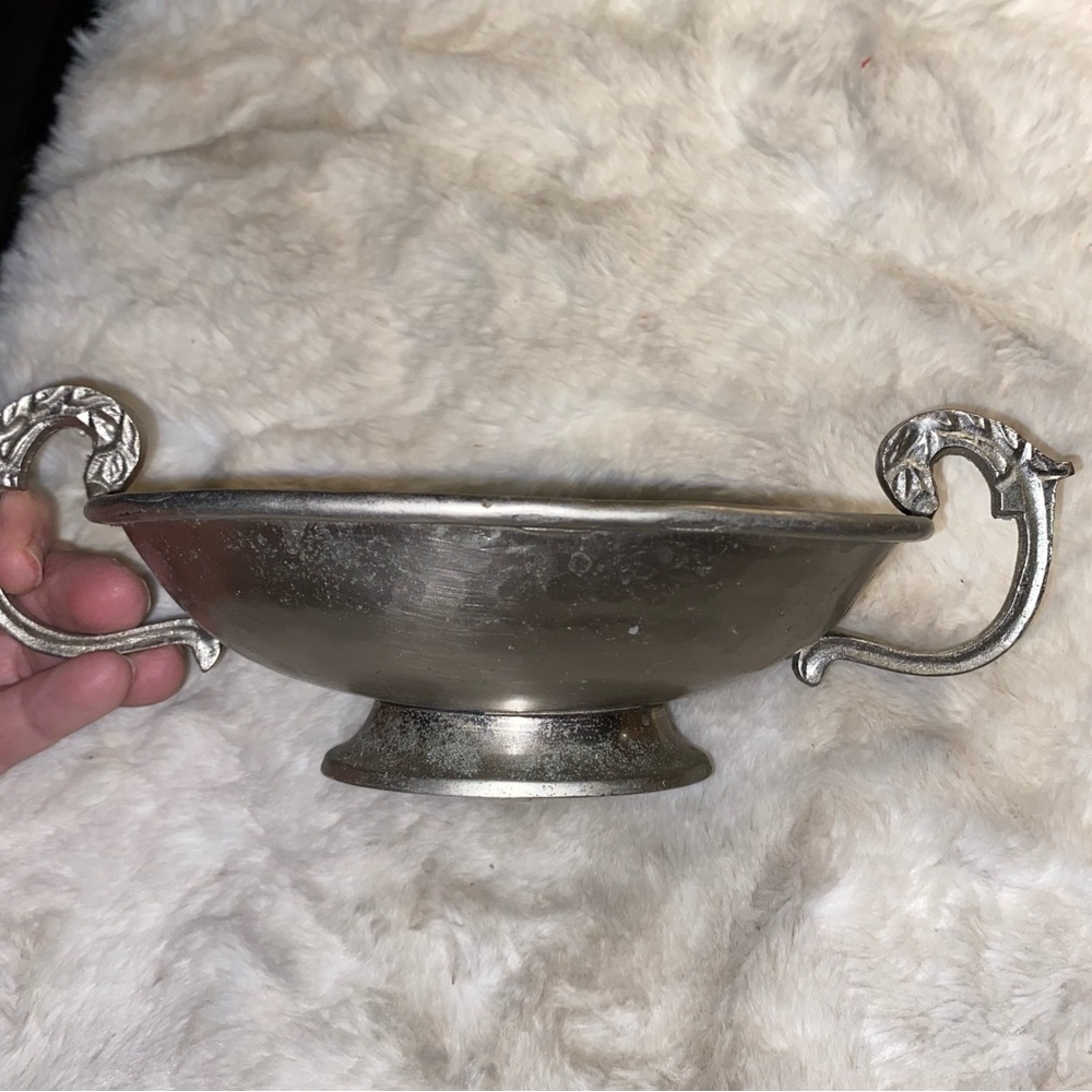 Vintage XYZ hammered pewter Oval Handled Serving Dish 9”